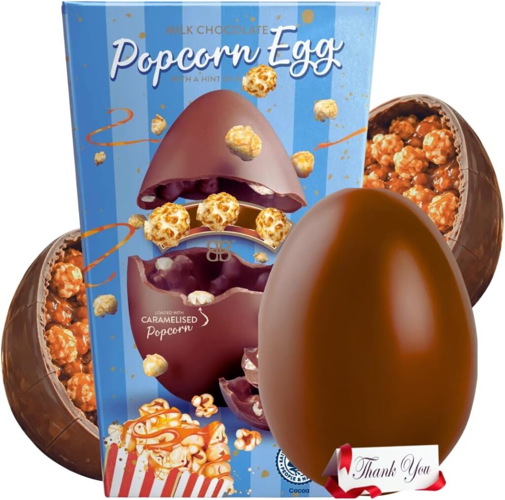 Bailes Popcorn Large Easter Egg - Easter Chocolate Gift Set with Caramelised Popcorn, Salted Caramel Original Truffles 305 g - Easter gifts Mothers Day Gifts, EasterHamper for Easter2026